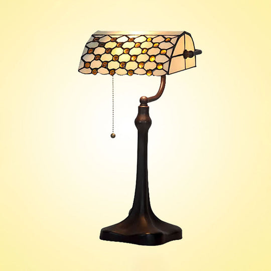 Tiffany Glass Banker Lamp With Pull Chain - Elegant Jeweled White Design For Nightstand Lighting