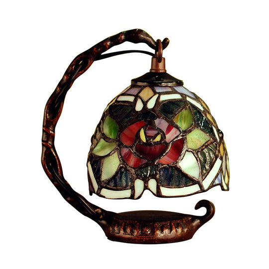 Green Floral Art Glass Victorian Dome Table Lamp - Handcrafted 1-Light Desk Lighting