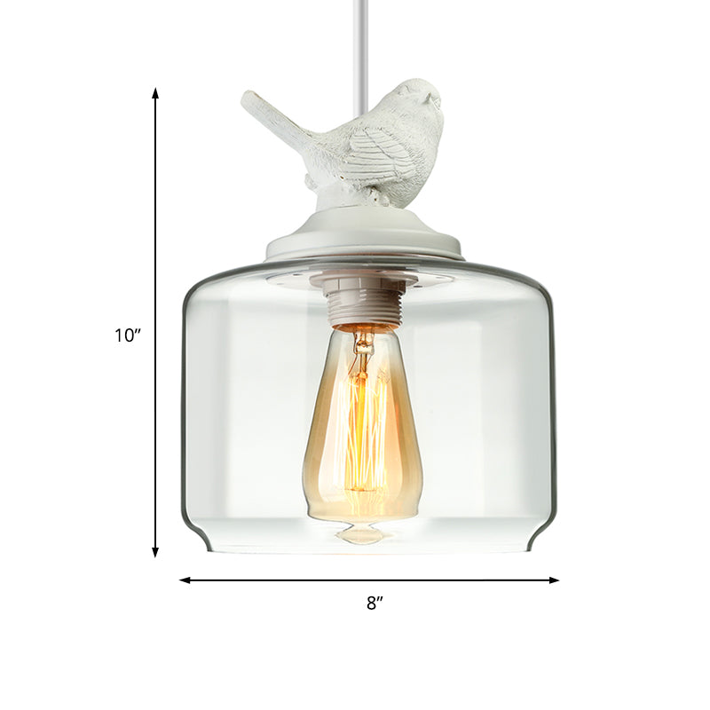 Modernist 5-Light Clear Glass Pendant With Bird Design - Cylindrical Shape