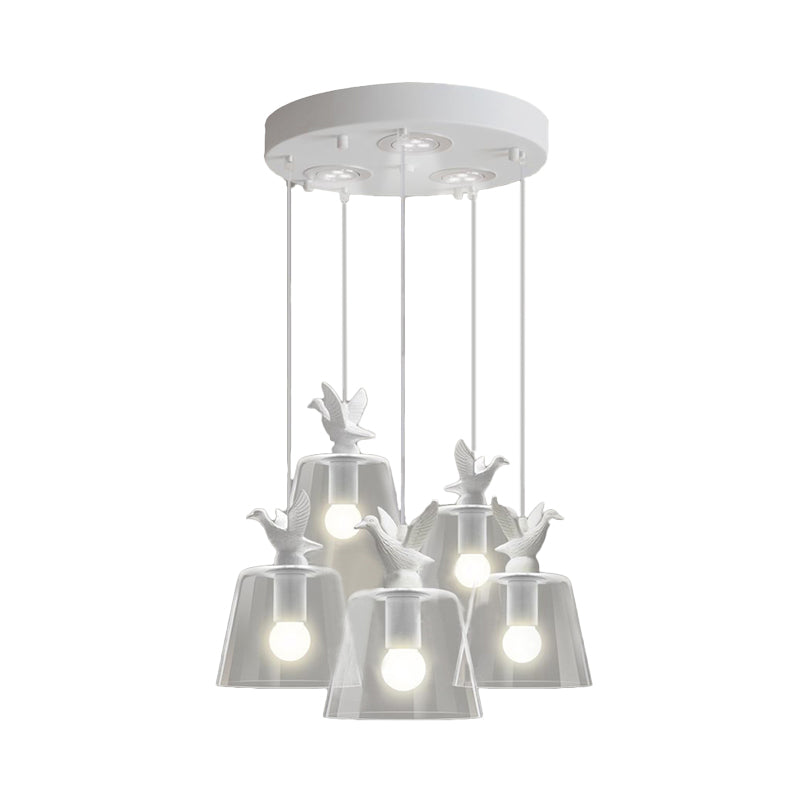 Modernist 5-Light Clear Glass Pendant With Bird Design - Cylindrical Shape