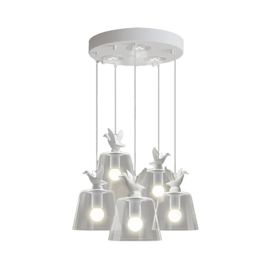Modernist 5-Light Clear Glass Pendant With Bird Design - Cylindrical Shape