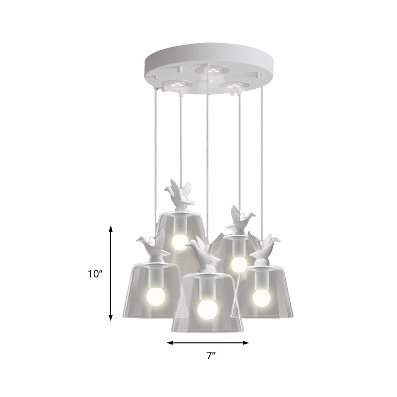 Modernist 5-Light Clear Glass Pendant With Bird Design - Cylindrical Shape