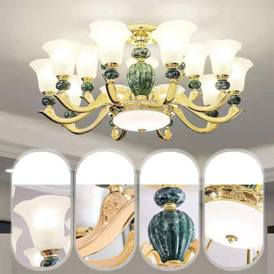 Minimal Frosted Glass Morning Glory Chandelier - Ideal Living Room Hanging Lamp 15 / Green