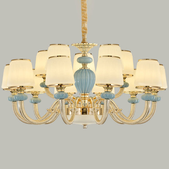 Blue Frosted Glass Barrel Chandelier - Simple Ceramic Suspension Pendant For Living Room