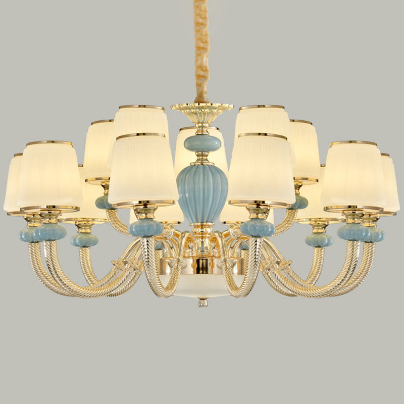 Blue Frosted Glass Barrel Chandelier For Living Room With Simple Ceramic Suspension Pendant