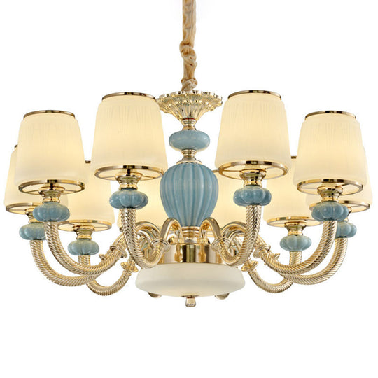 Blue Frosted Glass Barrel Chandelier - Simple Ceramic Suspension Pendant For Living Room