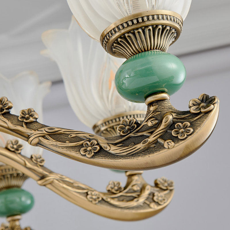 Contemporary Green Chandelier With Frosted Glass Floral Drop Lamp