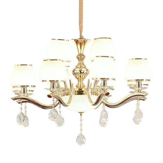 Modern White Glass Chandelier With Crystal Droplet And Gold Urn Shade Pendant Light