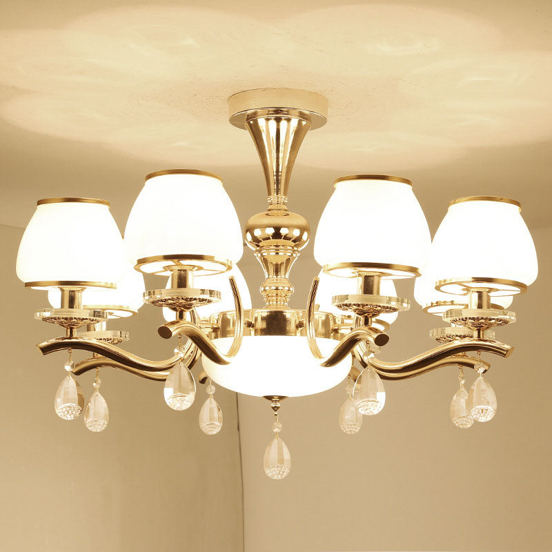 Modernist White Glass Pendant Chandelier With Crystal Droplets - Gold Urn Shade Design 8 /