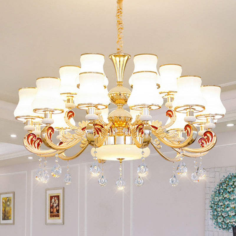 Gold Curved Downlight Pendant Chandelier With White Frosted Glass Shade