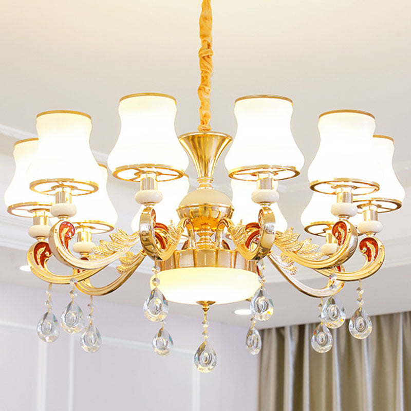 Minimalist Gold Chandelier Pendant With Curved Down Lighting And Frosted Glass Shade
