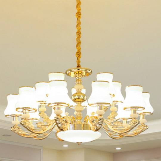 Minimalist Gold Chandelier Pendant With Curved Down Lighting And Frosted Glass Shade 15 / White A