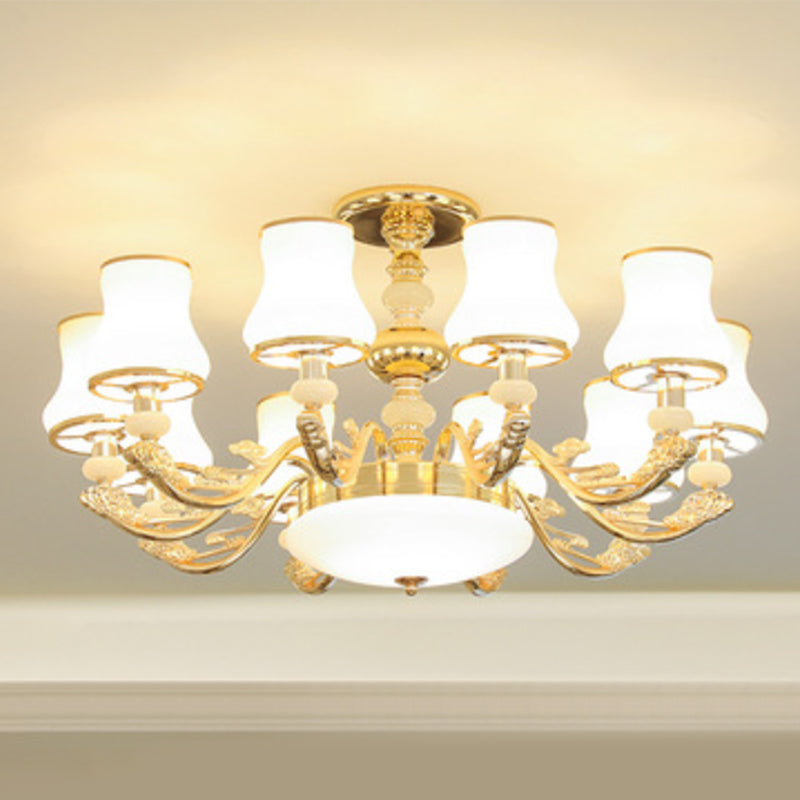Minimalist Gold Chandelier Pendant With Curved Down Lighting And Frosted Glass Shade 10 / White D