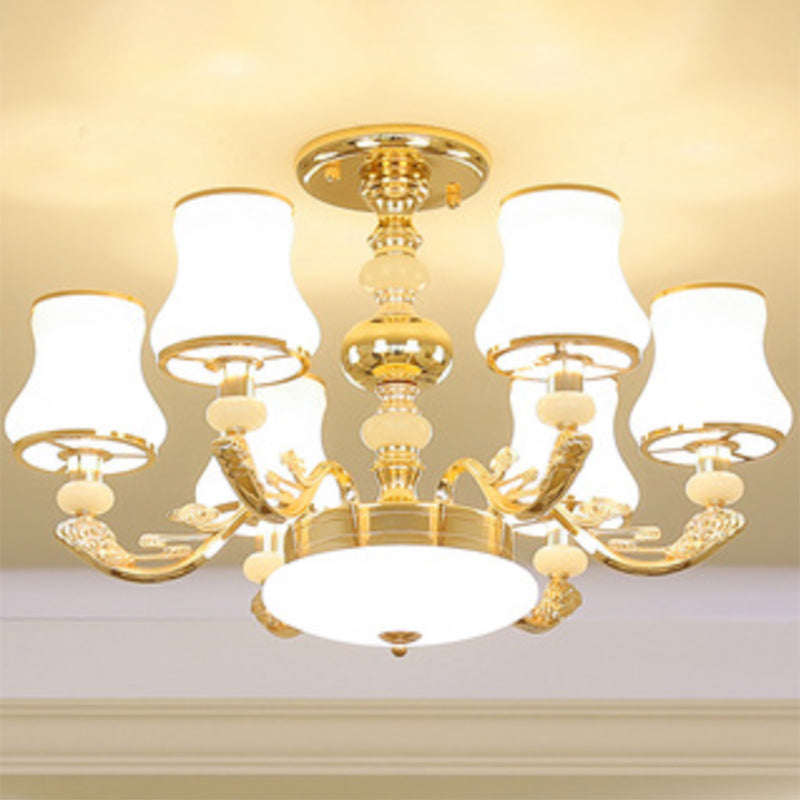 Minimalist Gold Chandelier Pendant With Curved Down Lighting And Frosted Glass Shade 6 / White D