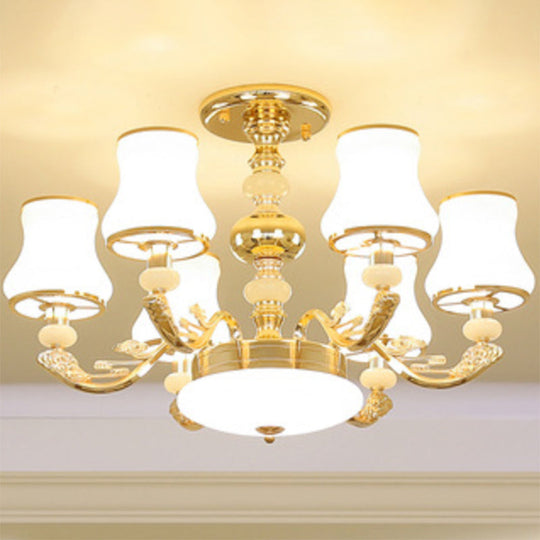 Minimalist Gold Chandelier Pendant With Curved Down Lighting And Frosted Glass Shade 6 / White D