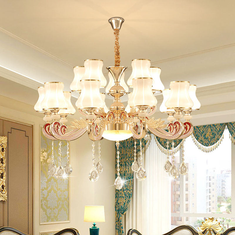 Nordic Metal Hanging Pendant Light With Scrolled Arm And Flared Glass Shade In Gold - Ideal For