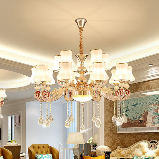 Nordic Metal Hanging Pendant Light With Scrolled Arm And Flared Glass Shade In Gold - Ideal For