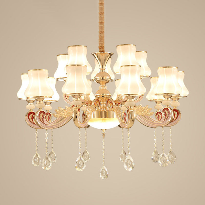 Nordic Metal Hanging Pendant Light With Scrolled Arm And Flared Glass Shade In Gold - Ideal For