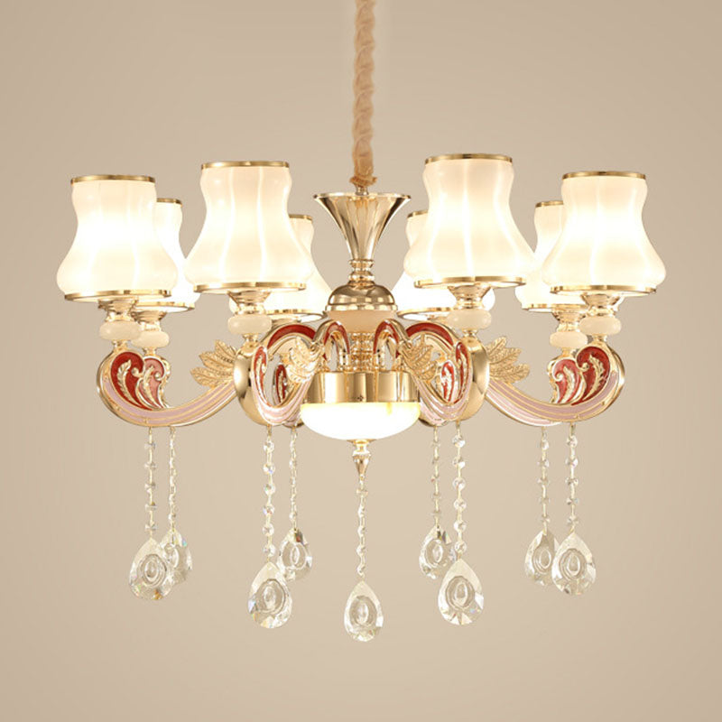 Nordic Metal Hanging Pendant Light With Scrolled Arm And Flared Glass Shade In Gold - Ideal For