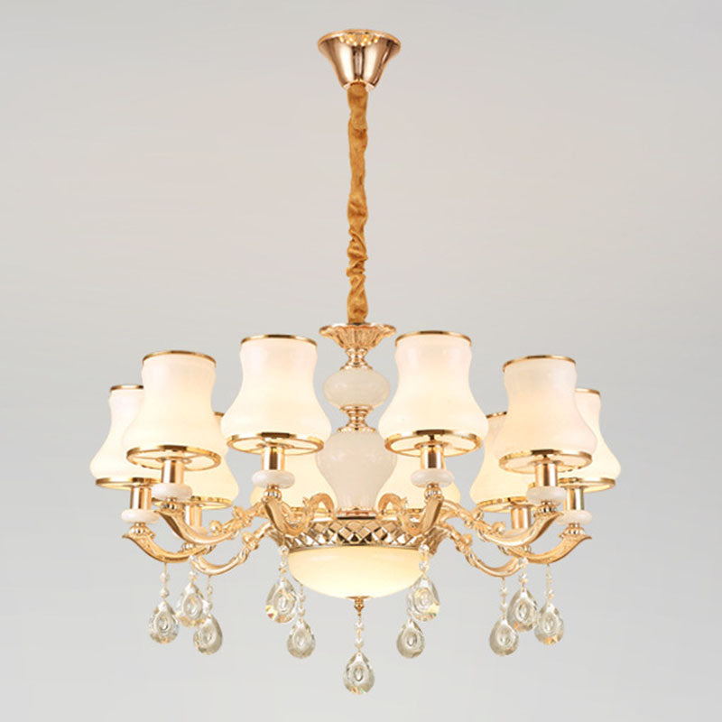 Frosted Glass Curve Chandelier With Crystal Accent In Gold - Minimal Ceiling Lighting