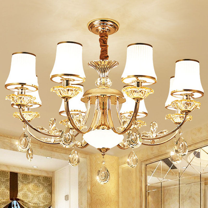 Modern Opal Ribbed Glass Chandelier In Gold For Living Room Bell Shade Hanging Lamp 8 /