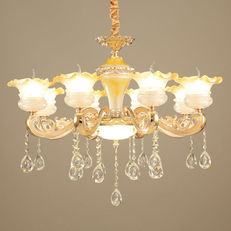 Minimalistic Gold Pendant Chandelier - Petal Frosted Glass Crystal Droplet Hanging Light Kit