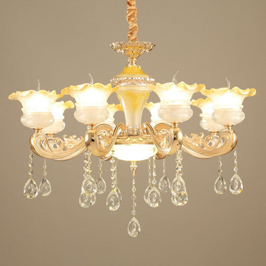 Minimalistic Gold Pendant Chandelier - Petal Frosted Glass Crystal Droplet Hanging Light Kit