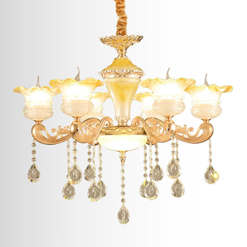 Minimalistic Gold Pendant Chandelier - Petal Frosted Glass Crystal Droplet Hanging Light Kit