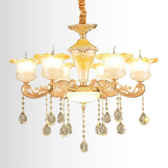 Minimalistic Gold Pendant Chandelier - Petal Frosted Glass Crystal Droplet Hanging Light Kit