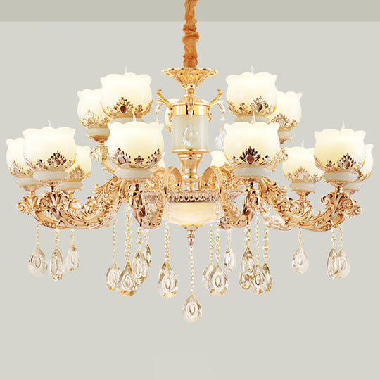 Gold Blossom Crystal Pendant Chandelier With Elegant Jade Shade 15 /