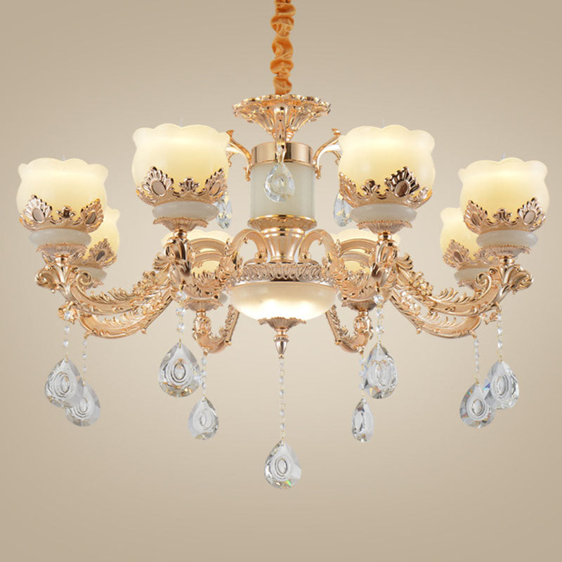Gold Blossom Crystal Pendant Chandelier With Elegant Jade Shade 8 /