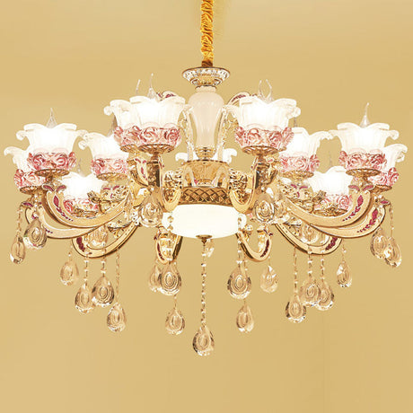 Modern Frosted Glass Flower Chandelier Pendant With Crystal Accents For Living Room Décor
