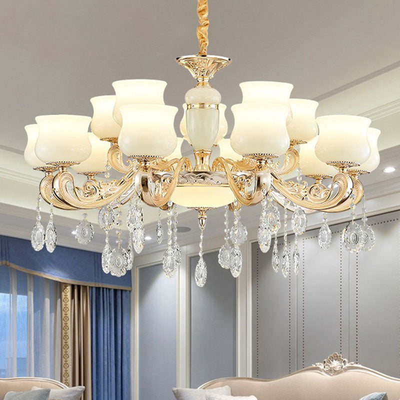 White Faux Jade Urn Pendant Chandelier With Crystal Accent - Modern Hanging Ceiling Light