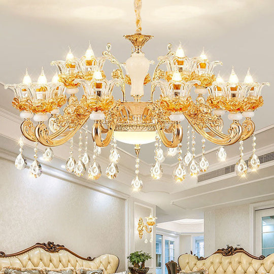 Floral Clear Glass Living Room Chandelier - Simple Gold Suspension Light Fixture