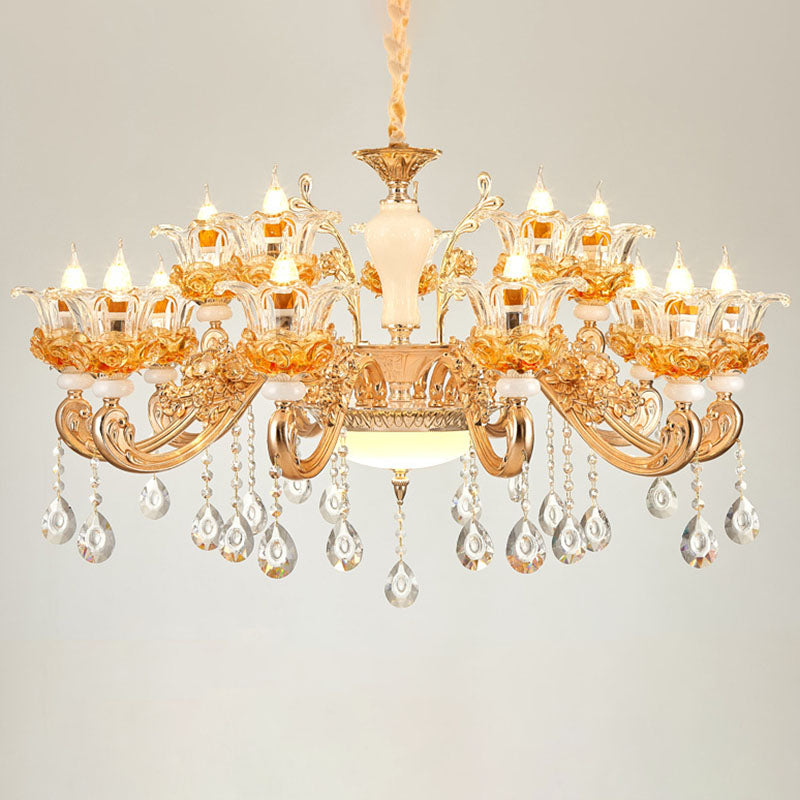 Floral Clear Glass Living Room Chandelier - Simple Gold Suspension Light Fixture