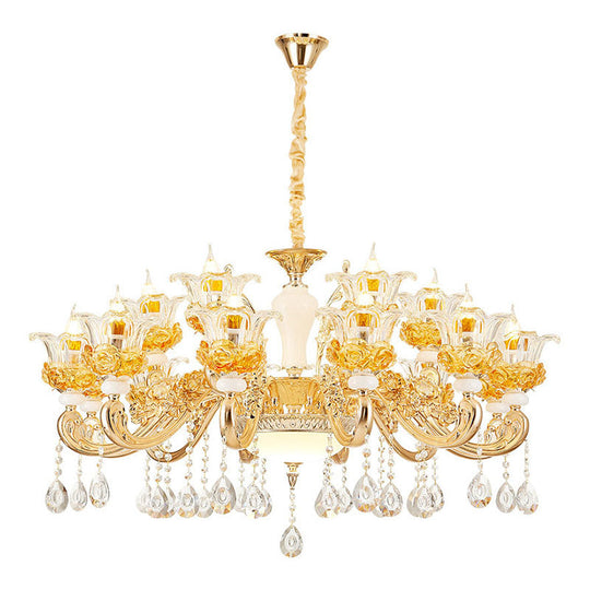 Floral Clear Glass Living Room Chandelier - Simple Gold Suspension Light Fixture