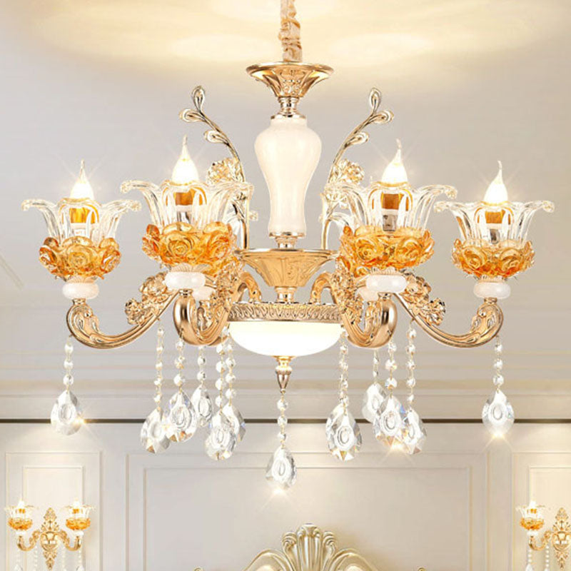 Gold Floral Glass Chandelier: Elegant Living Room Suspension Lamp 6 /