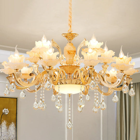 Minimalist Gold Chandelier With Blossom Jade Crystal Draping And Hanging Lamp Kit 15 / A
