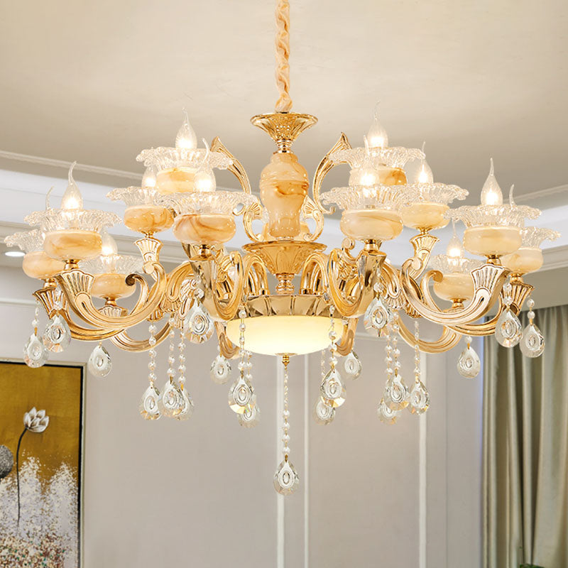 Minimalist Gold Chandelier With Blossom Jade Crystal Draping And Hanging Lamp Kit