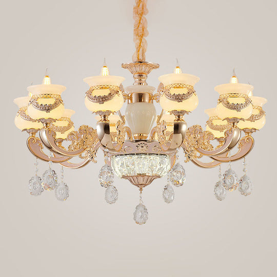 Jade Gold Candle Chandelier With Crystal Accent - Elegant Lighting For Country Living Rooms