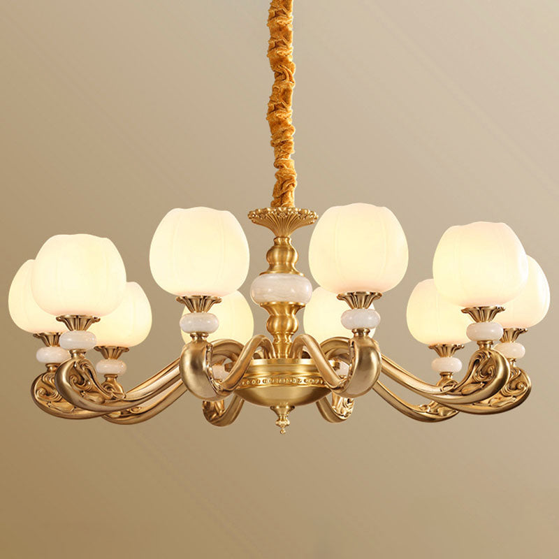 Modern Opal Glass Bud Pendant Chandelier With Brass Suspension And Curved Arm