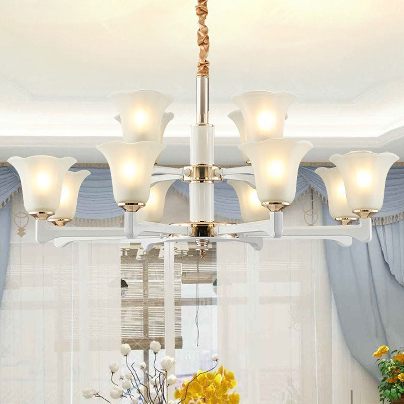 Simplicity Cream Ruffle Chandelier With Frosted Glass Drop Pendant - Perfect For Bedroom Lighting