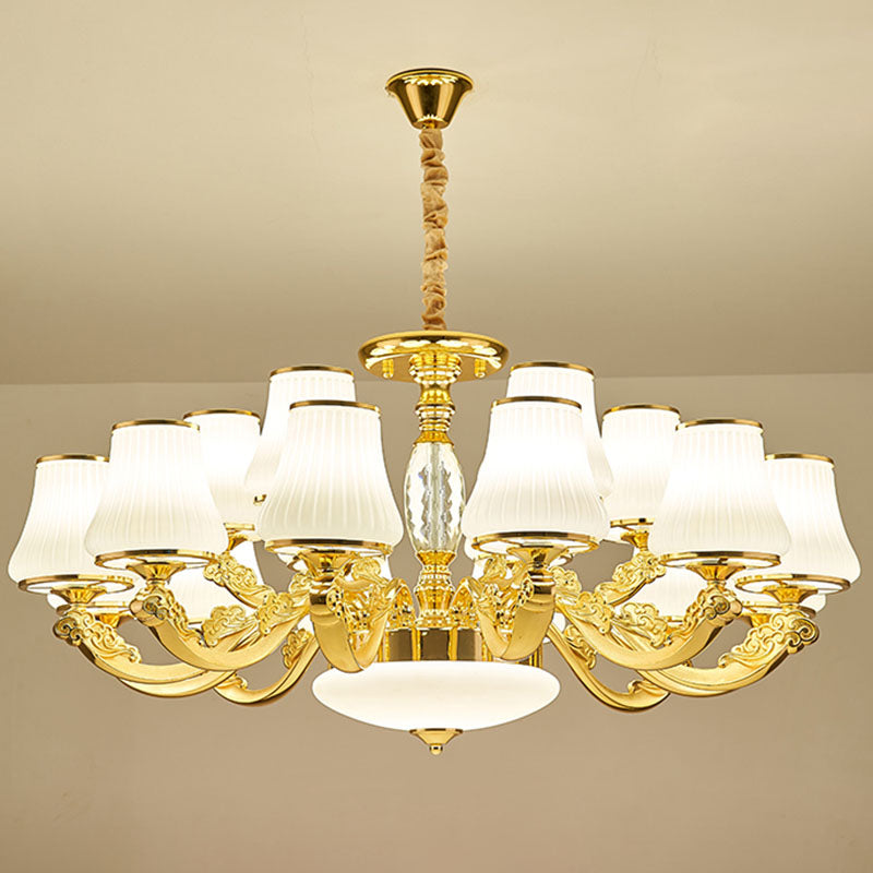 Contemporary Gold Chandelier With White Ribbed Glass Cone Ceiling Lamp 18 /