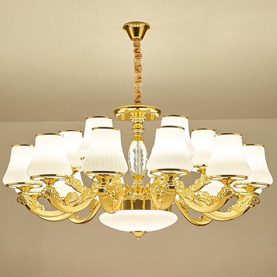 Contemporary Gold Chandelier With White Ribbed Glass Cone Ceiling Lamp 18 /