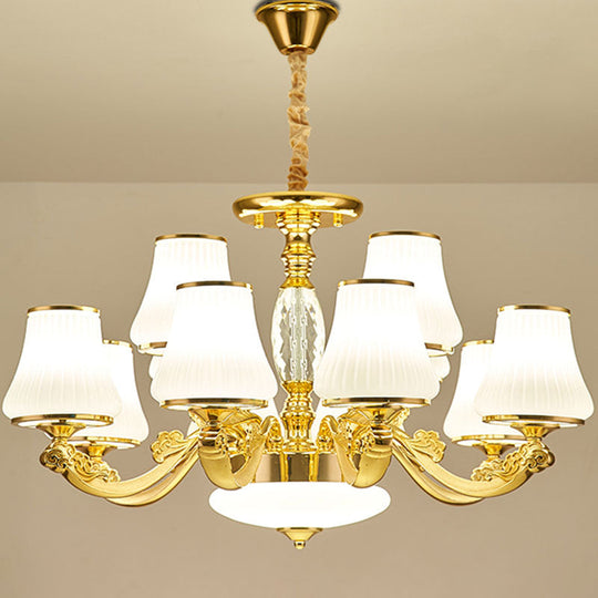 Contemporary Gold Chandelier With White Ribbed Glass Cone Ceiling Lamp 12 /