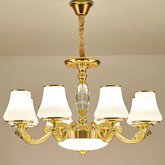 Contemporary Gold Chandelier With White Ribbed Glass Cone Ceiling Lamp 8 /