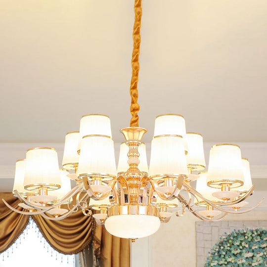 Modern White Glass And Gold Pendant Chandelier With Curved Arm - Barrel Shade Design 15 /