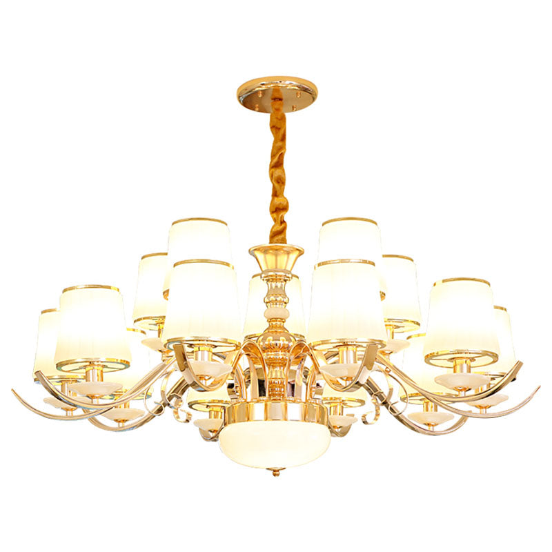 Modern White Glass And Gold Pendant Chandelier With Curved Arm - Barrel Shade Design