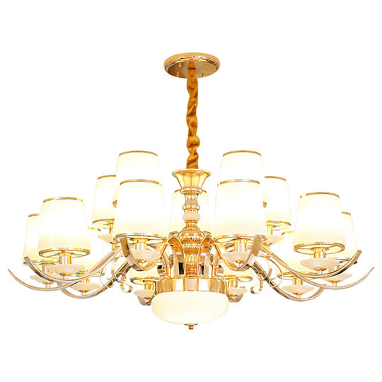 Modern White Glass And Gold Pendant Chandelier With Curved Arm - Barrel Shade Design