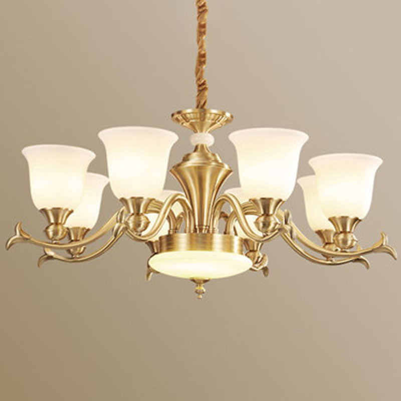 Modern Opaline Glass Chandelier For Living Room - Gold Bell Hanging Light Fixture